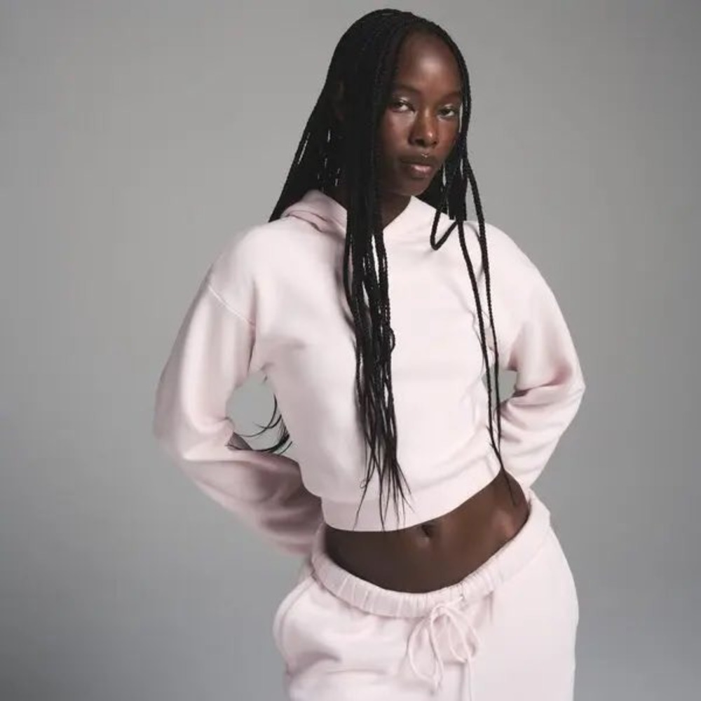 SKIMS Cotton Fleece Cropped Hoodie Barely‎ Pink Medium Loungewear Sweatshirt